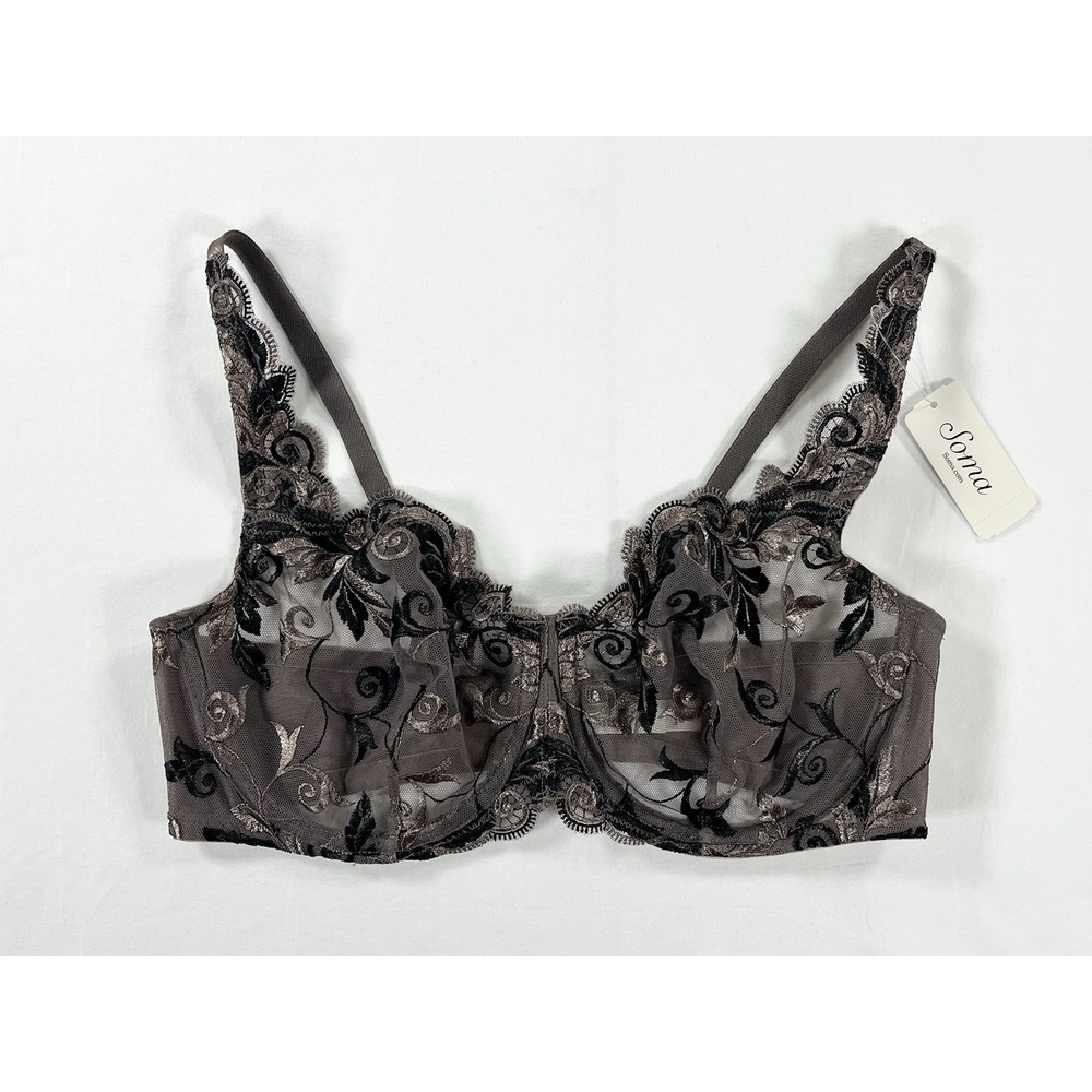 Soma Sensuous Lace Embroidered Unlined Balconette Underwire Bra Charcoal NWT 36C
